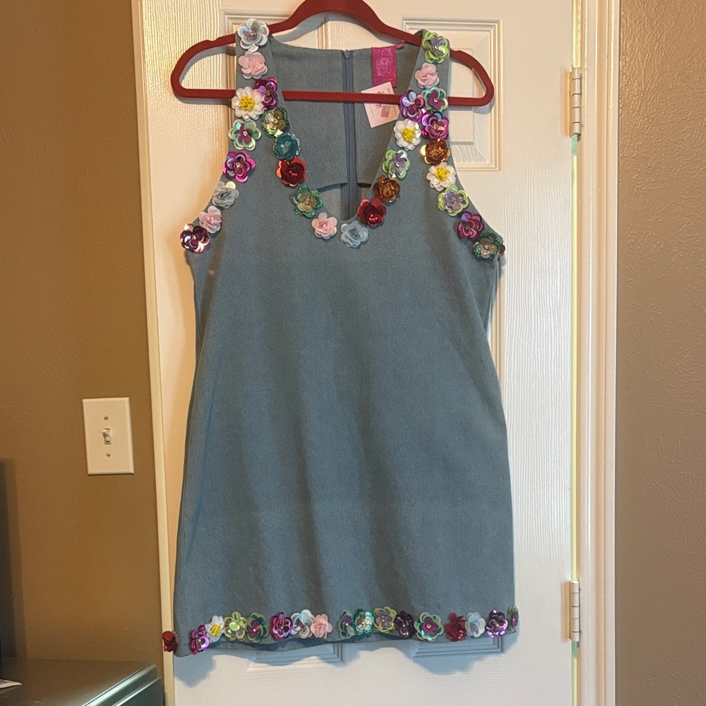 QUEEN OF SPARKLES Blue Mini Dress with Floral Accents